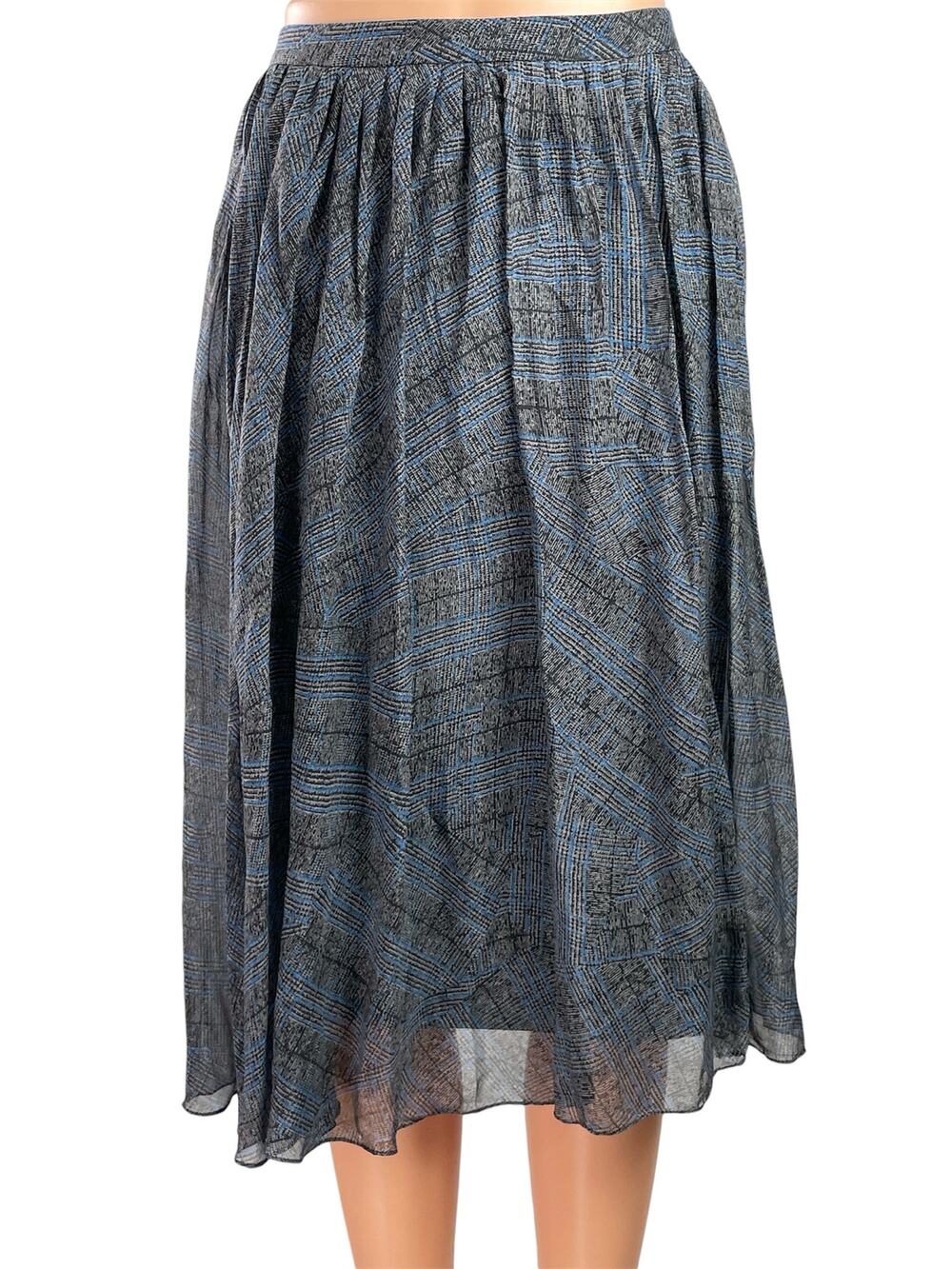 Tibi New York Women's Blue Gray Plaid Checkered Flowy Midi A-Line Skirt Size 0